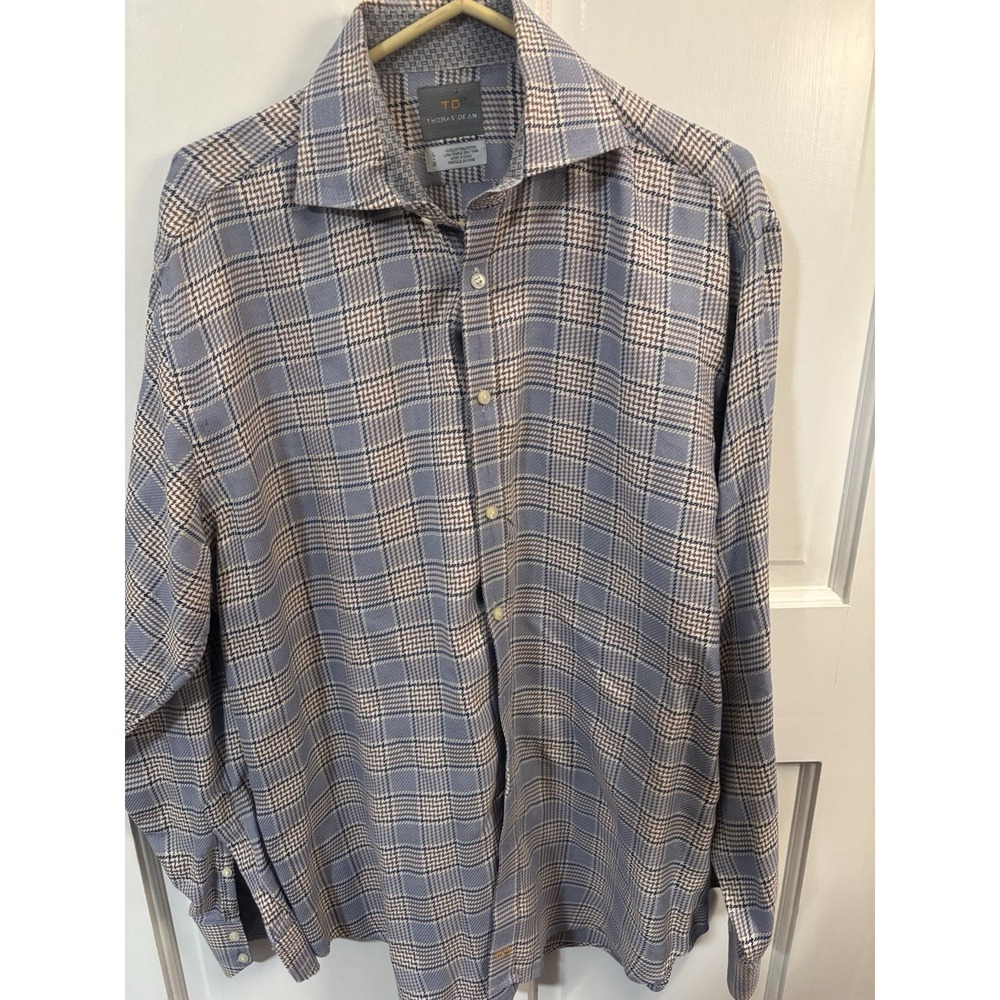 Thomas Dean Men Contrast Flip Cuff Long Sleeve Button Down Shirt Blue Plaid L
